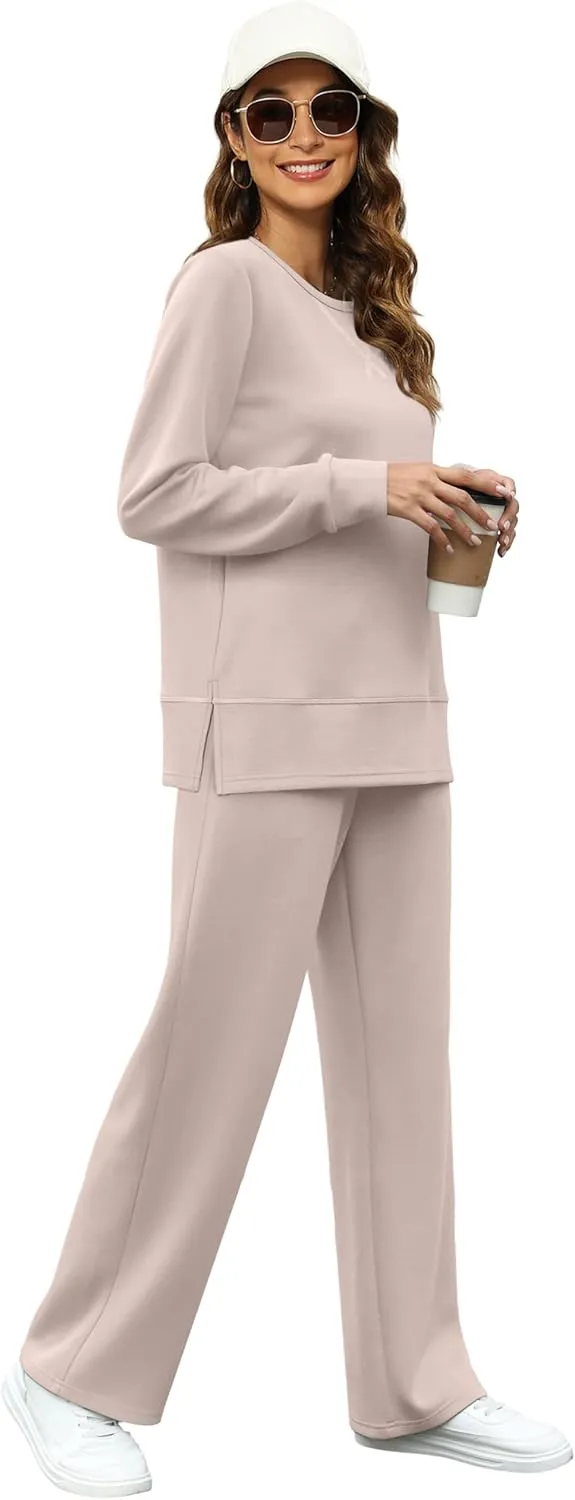 OFEEFAN Women's 2 Piece Lounge Set Travel Airport Outfits Side Slit Tracksuit Wide Leg Loungewear Baggy Comfy Sweatsuit S-3XL