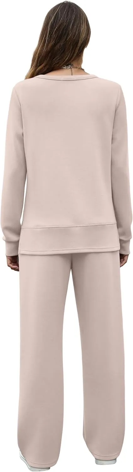 OFEEFAN Women's 2 Piece Lounge Set Travel Airport Outfits Side Slit Tracksuit Wide Leg Loungewear Baggy Comfy Sweatsuit S-3XL