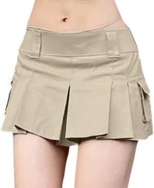 OFFSUM Womens Short Skirts - Women Pleated Skirt Summer Clothes Sexy Retro Style Solid Color Low Waist with Pockets D