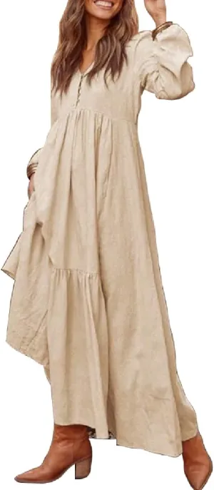 ONLYWOOD Womens V-Neck Summer Loose Sundress Solid Color Casual Long Sleeves Cotton Button Down Long Maxi Beach Basic Dresses