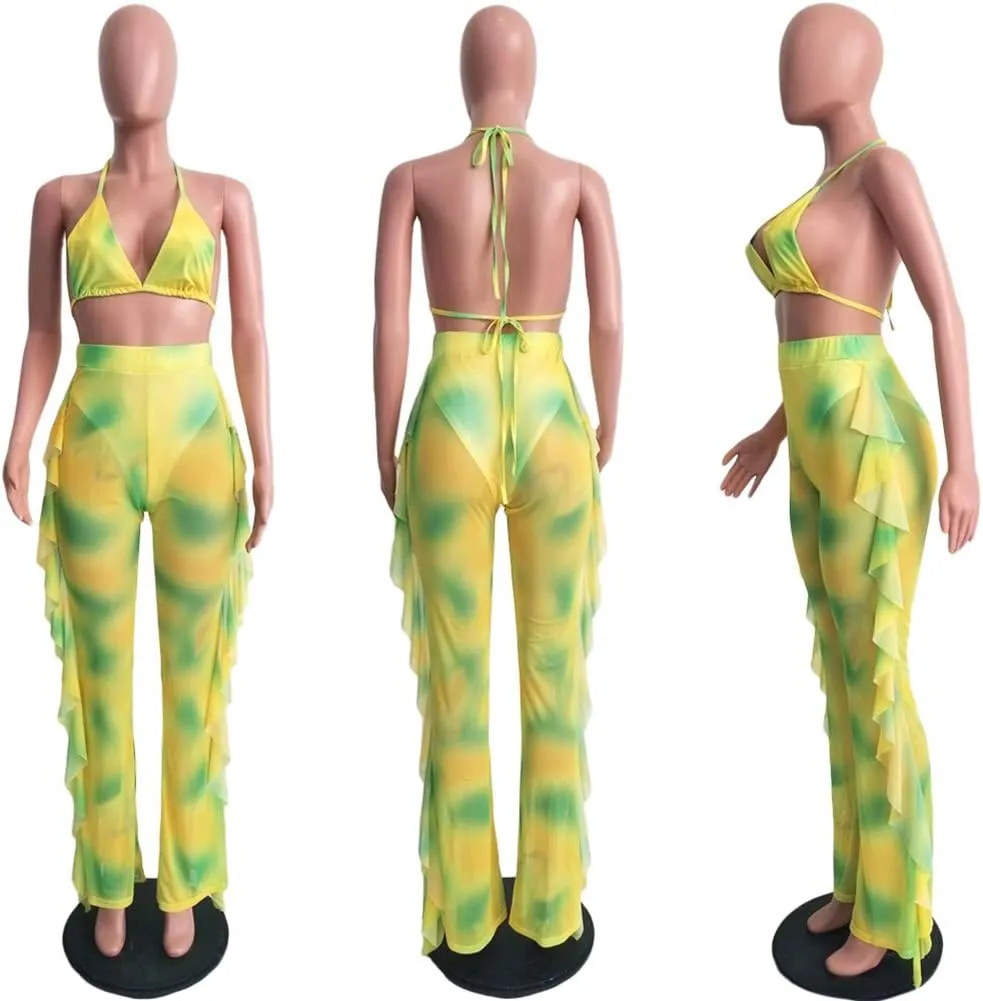 Ophestin Womens Sexy Halter Sheer Bikini Ruffle Long Pants Set 2 Piece Swimsuit