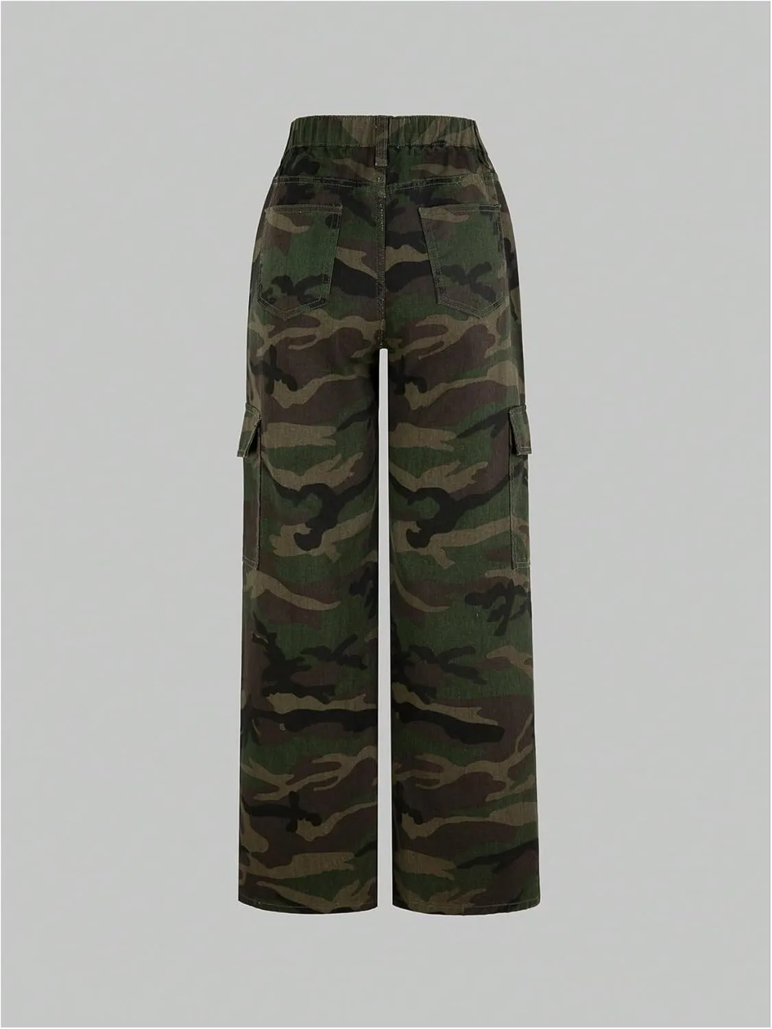 OYOANGLE Girl's Camo Print Cargo Pants Flap Pocket Mid Waist Wide Leg Casual Jeans