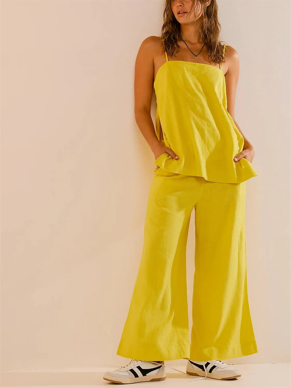 PAODIKUAI Women's 2 Piece Outfits Summer Sets Sleeveless Square Neck Tank Top Wide Leg Pants Matching Lounge Set