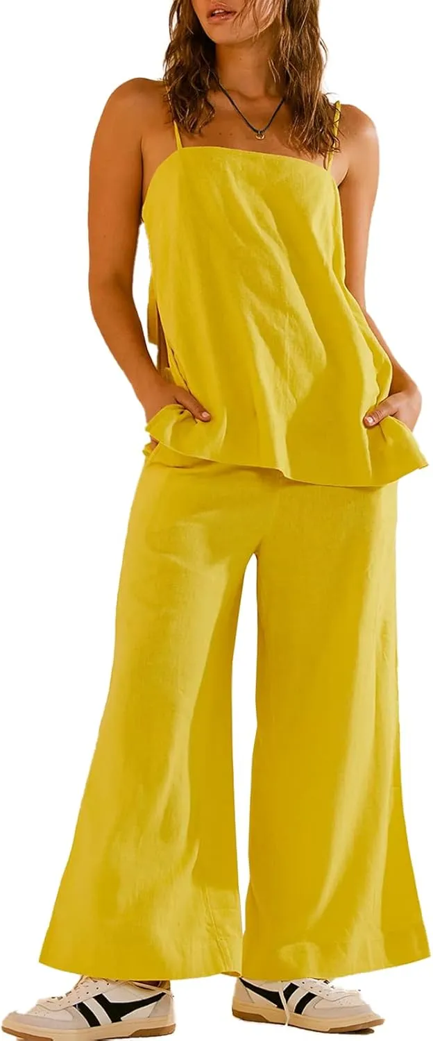 PAODIKUAI Women's 2 Piece Outfits Summer Sets Sleeveless Square Neck Tank Top Wide Leg Pants Matching Lounge Set