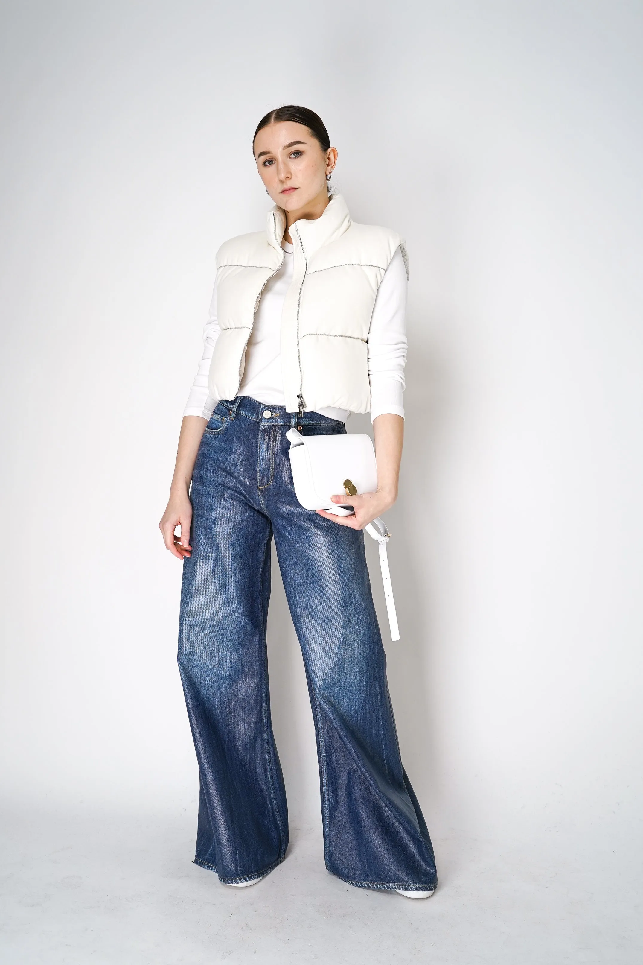 Peserico Padded Cashmere Vest with Brilliant Beading Stripes in Ivory