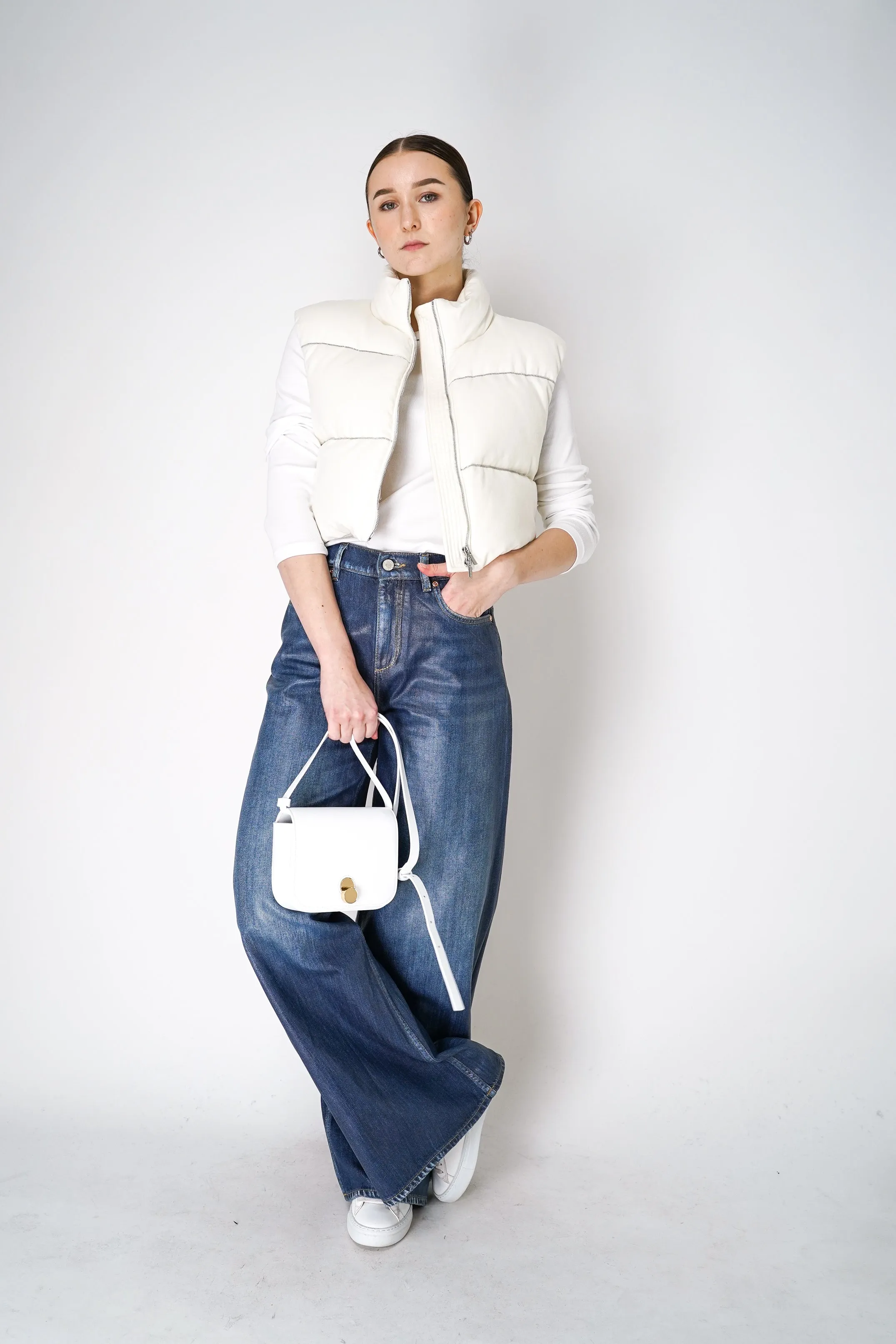 Peserico Padded Cashmere Vest with Brilliant Beading Stripes in Ivory