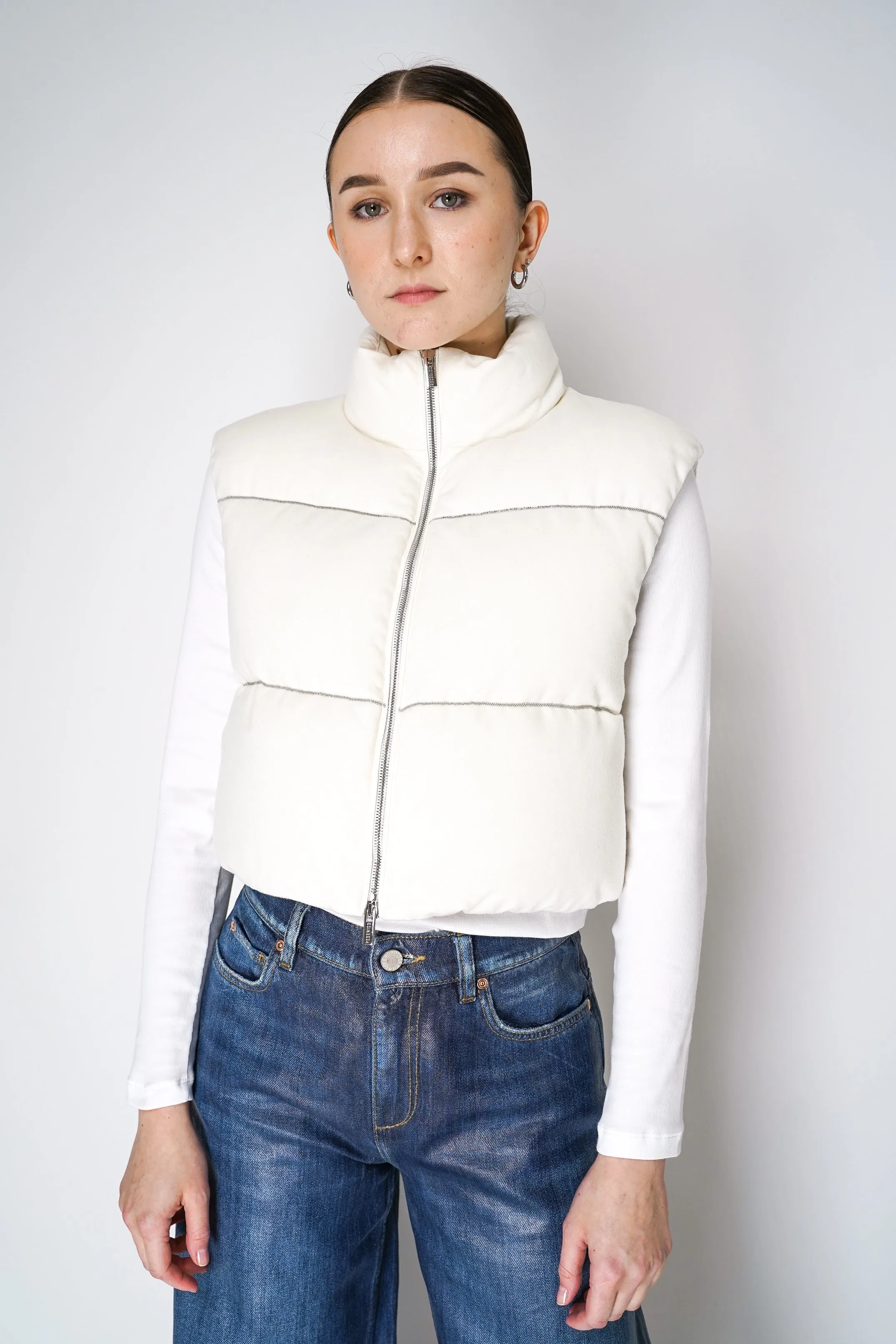 Peserico Padded Cashmere Vest with Brilliant Beading Stripes in Ivory