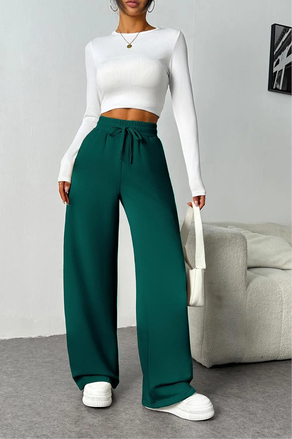 PINSPARK Womens Fleece Wide Leg Sweatpants High Waisted Athletic Sweat Pants Winter Baggy Workout Pant with Pocket