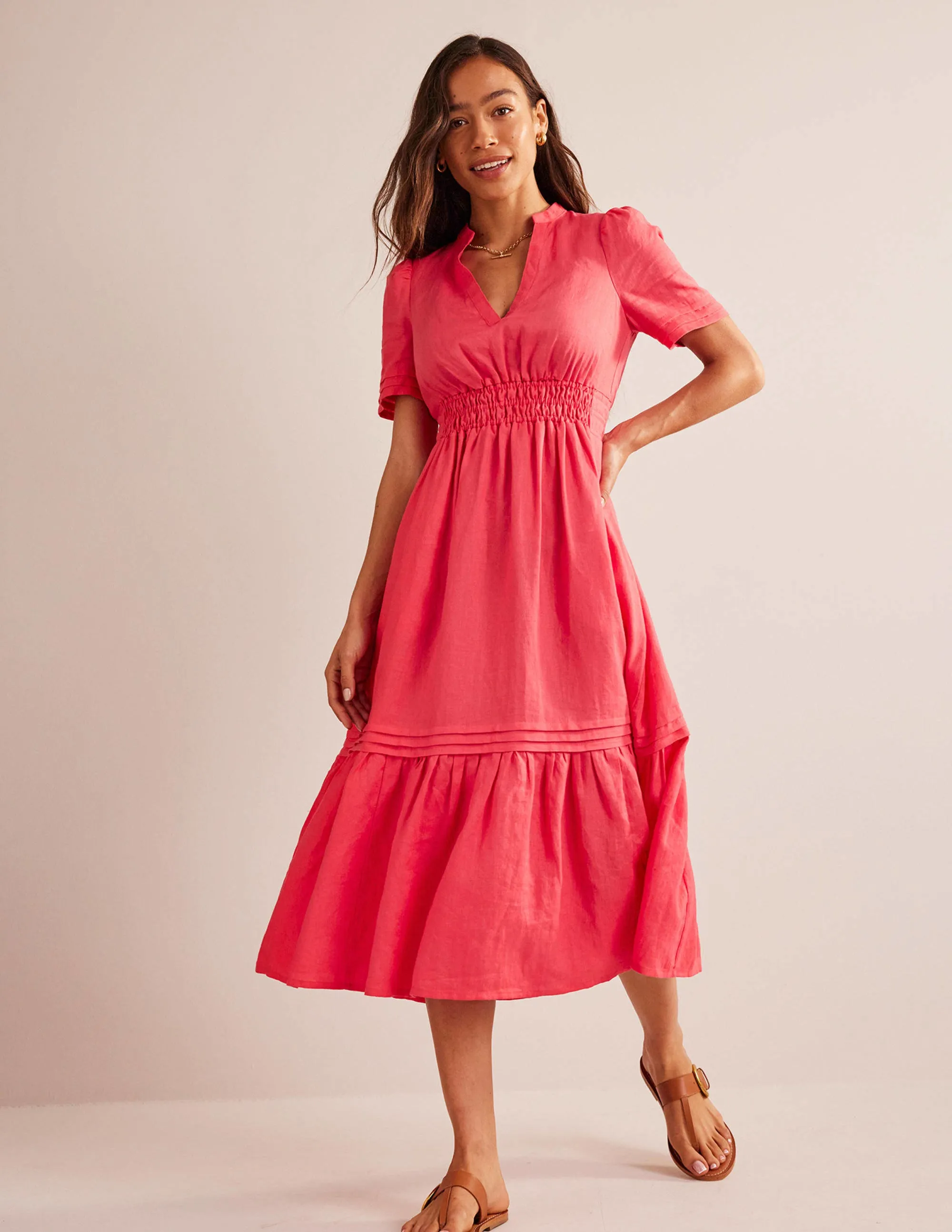 Pintuck Detail Midi Dress-Coral
