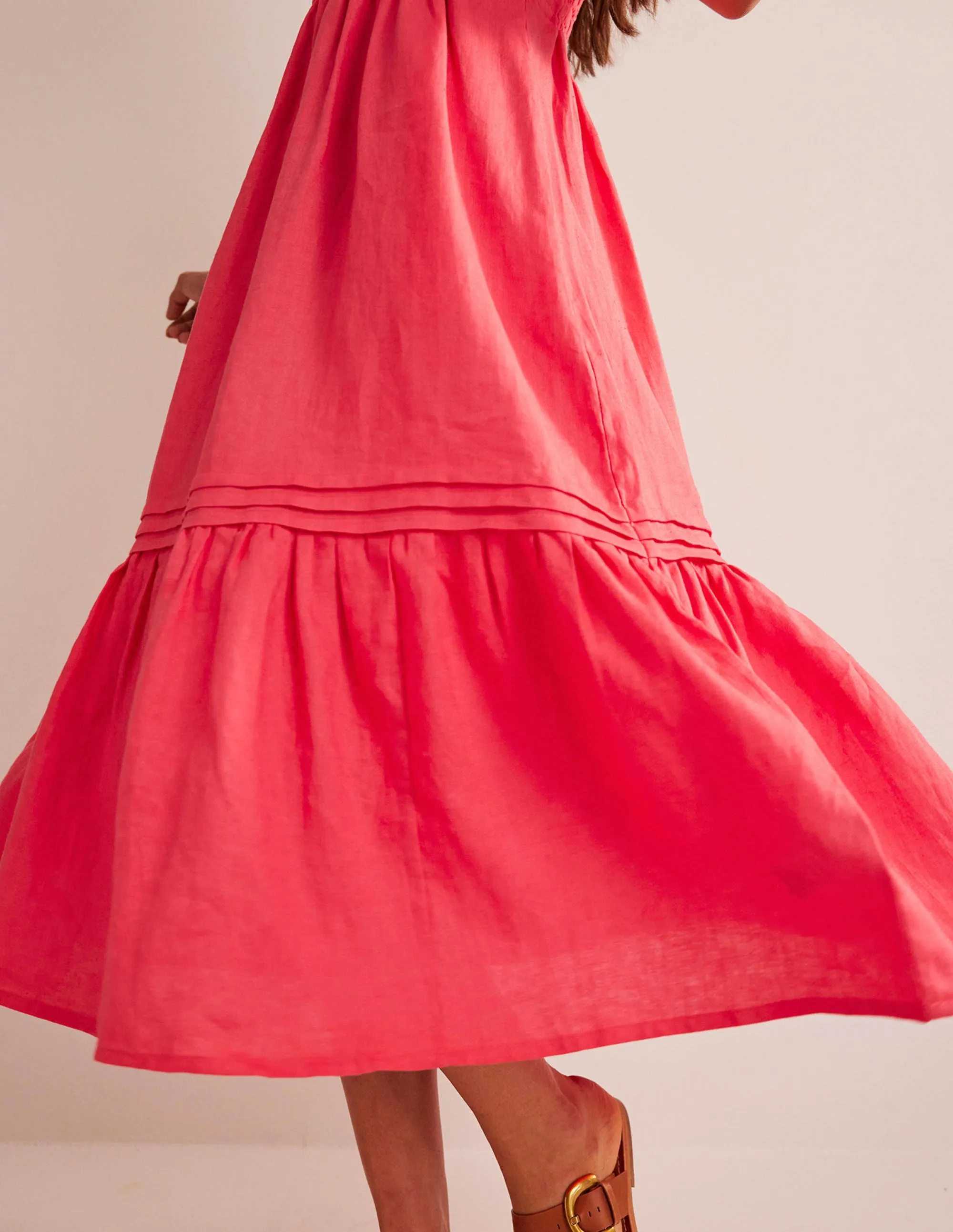 Pintuck Detail Midi Dress-Coral