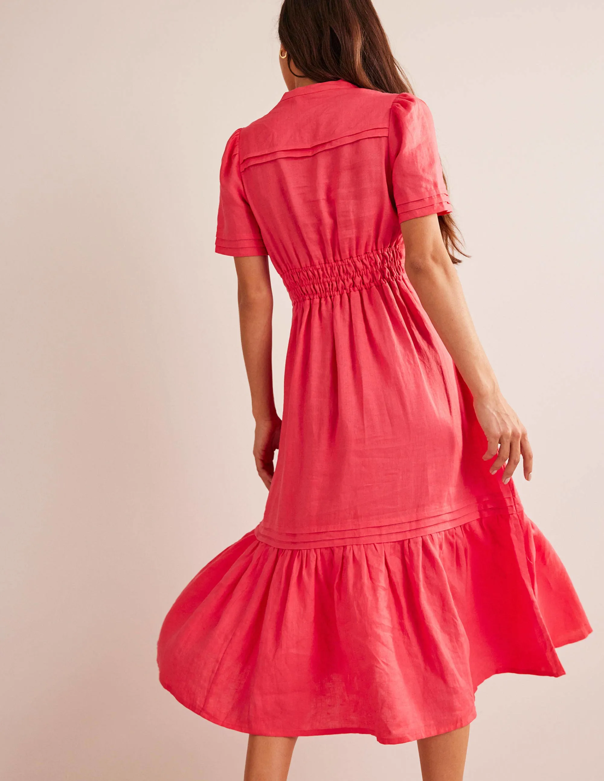 Pintuck Detail Midi Dress-Coral