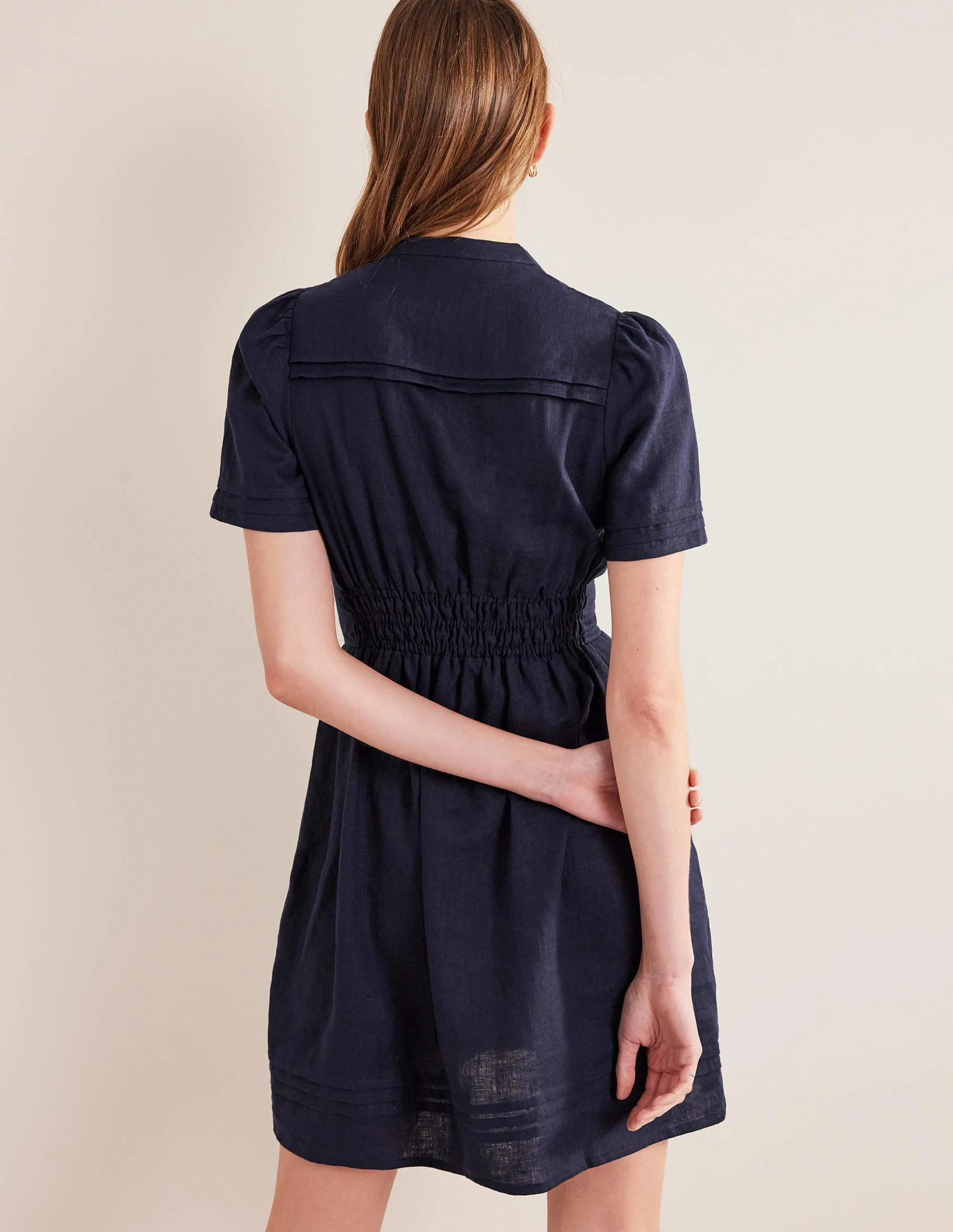 Pintuck Detail Mini Dress-Navy