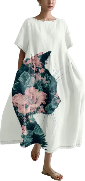Plus Size Boho Summer Dresses Casual Japanese Art Vintage T Shirt Dress A-line Crew Neck Short Sleeve Sundress