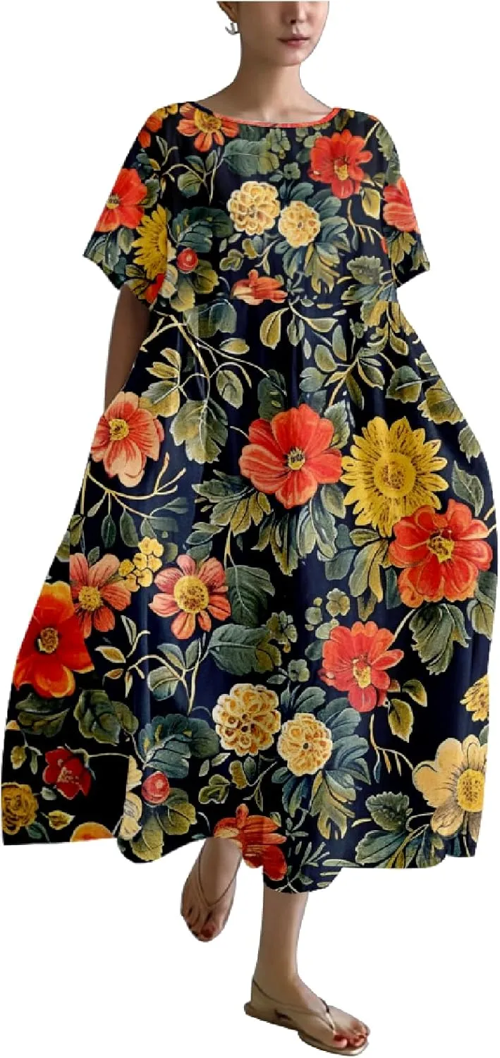 Plus Size Boho Summer Dresses Trendy Japanese Art T Shirt Dress A-line Crew Neck Short Sleeve Summer Dresses