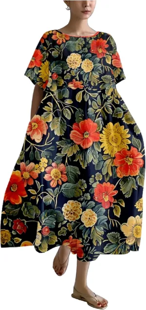 Plus Size Boho Summer Dresses Trendy Japanese Art T Shirt Dress A-line Crew Neck Short Sleeve Summer Dresses