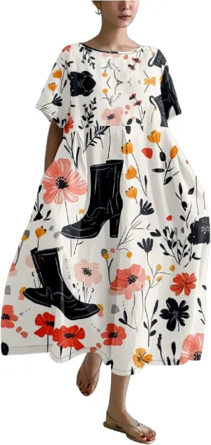 Plus Size Boho Summer Dresses Trendy Japanese Art T Shirt Dress A-line Crew Neck Short Sleeve Summer Dresses