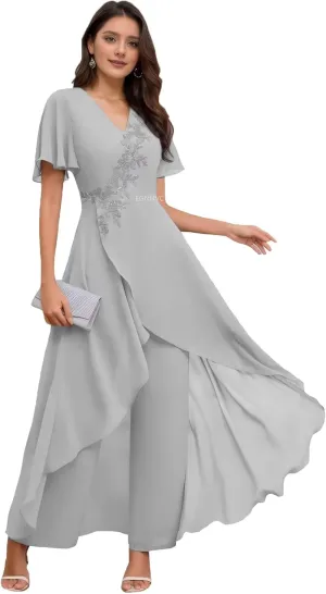 Plus Size Mother of The Bride Pant Suits 2025 Silver Lace Mother of The Bride Dresses 2 PC Wedding Pantsuits for Women 24W