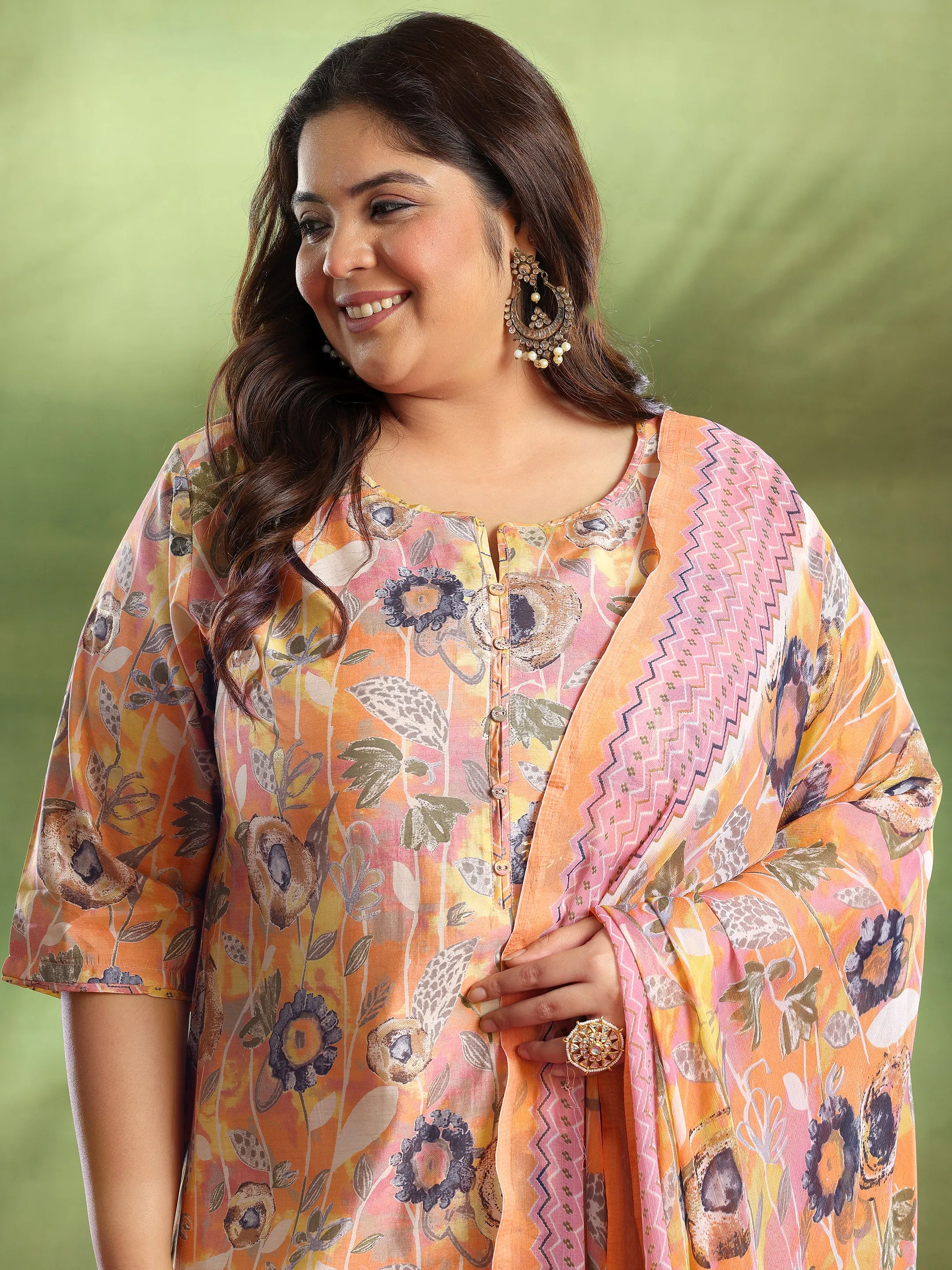 Plus Size Orange Printed Silk Blend Straight Suit With Dupatta