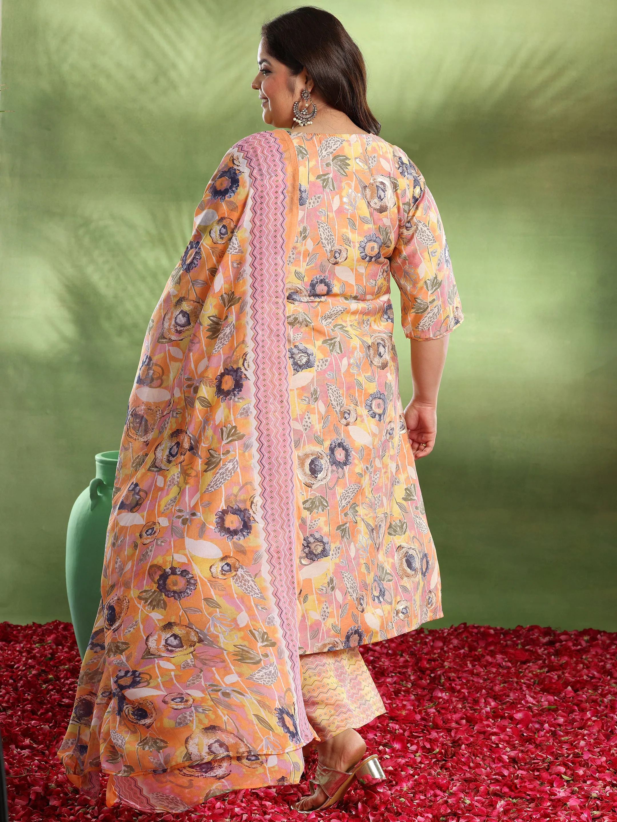 Plus Size Orange Printed Silk Blend Straight Suit With Dupatta