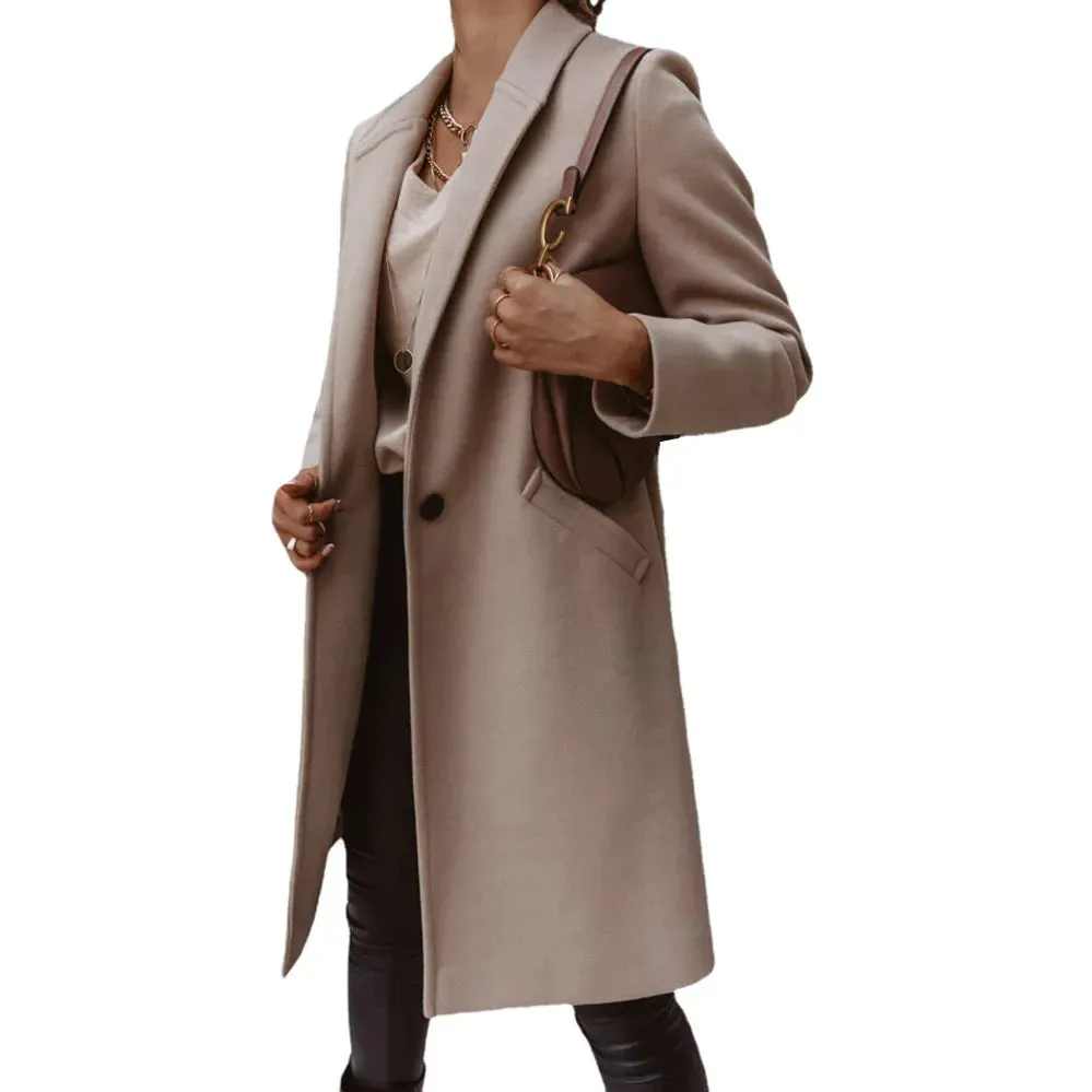 Purpdrank Women's S-3XL Size New Autumn/winter Solid Color Lapel Mid Length Button down Woolen Coat Jacket