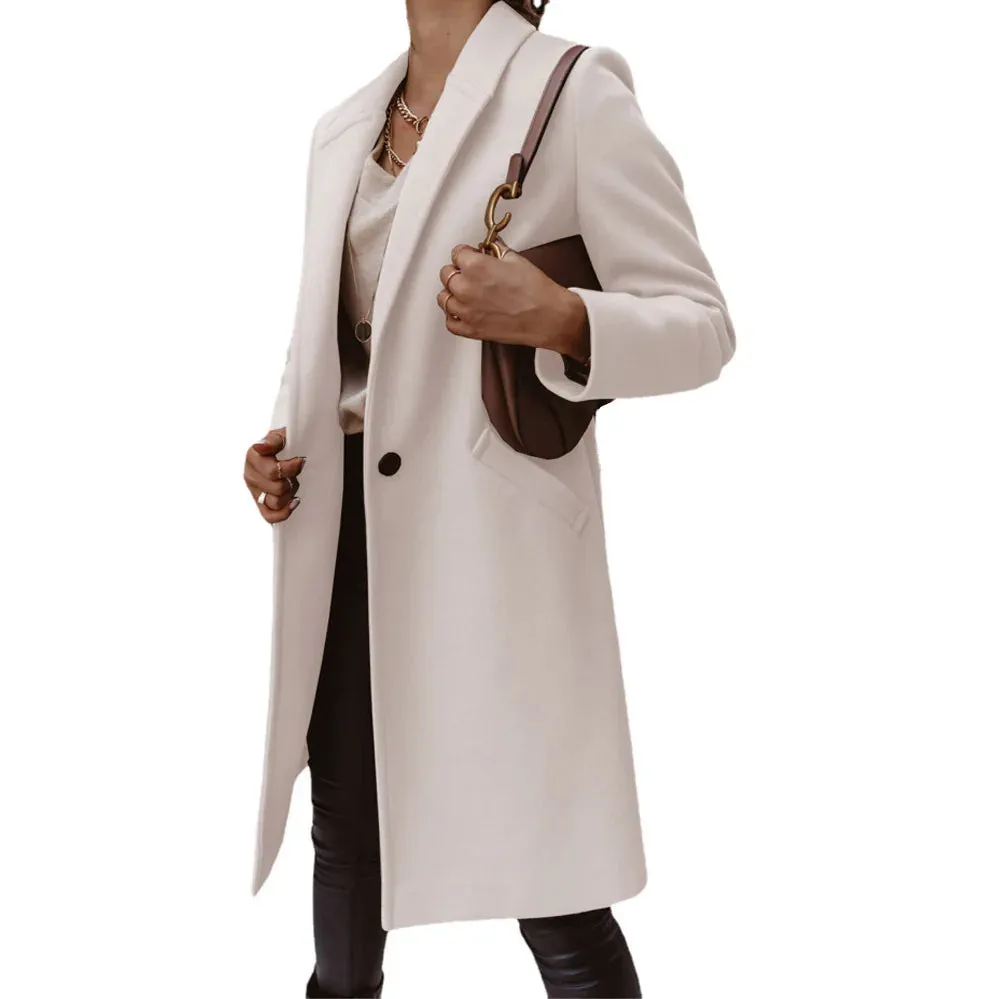 Purpdrank Women's S-3XL Size New Autumn/winter Solid Color Lapel Mid Length Button down Woolen Coat Jacket