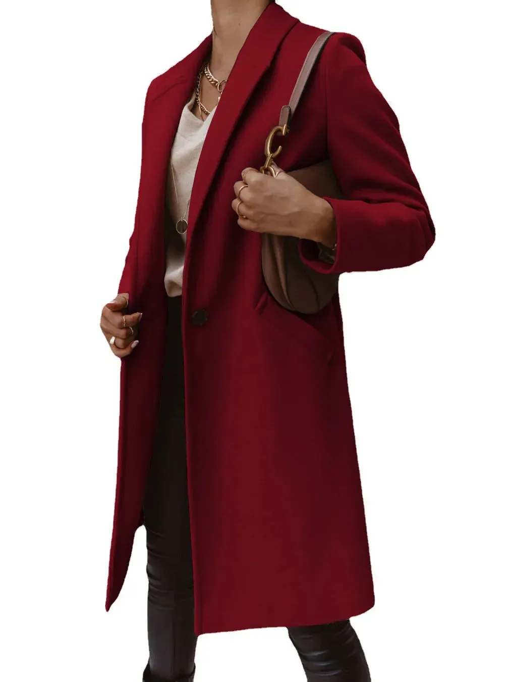 Purpdrank Women's S-3XL Size New Autumn/winter Solid Color Lapel Mid Length Button down Woolen Coat Jacket