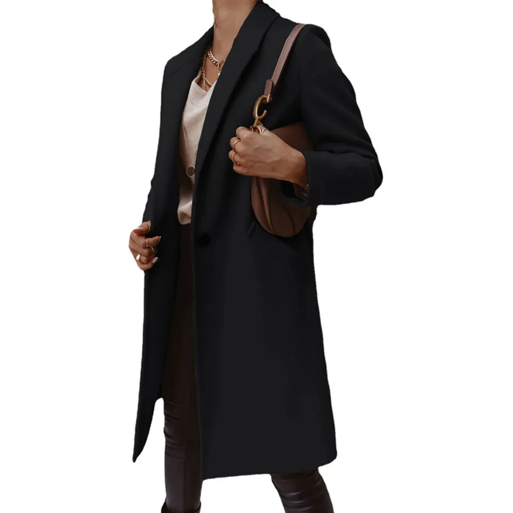 Purpdrank Women's S-3XL Size New Autumn/winter Solid Color Lapel Mid Length Button down Woolen Coat Jacket