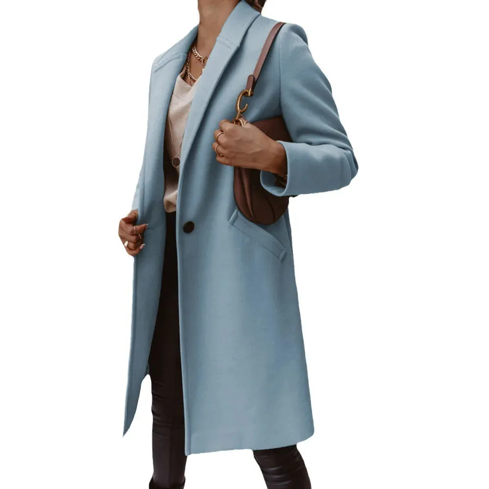 Purpdrank Women's S-3XL Size New Autumn/winter Solid Color Lapel Mid Length Button down Woolen Coat Jacket