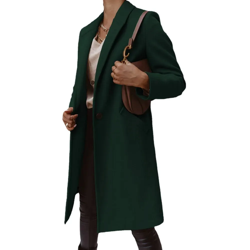 Purpdrank Women's S-3XL Size New Autumn/winter Solid Color Lapel Mid Length Button down Woolen Coat Jacket