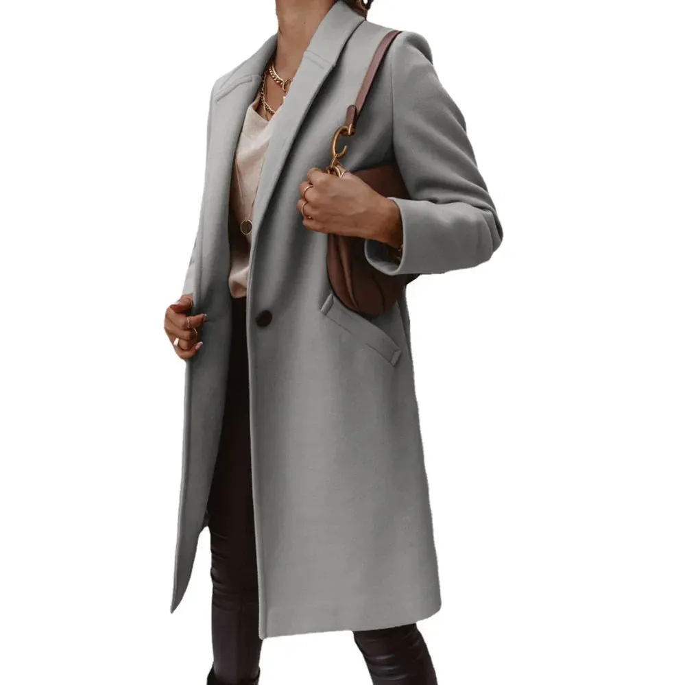 Purpdrank Women's S-3XL Size New Autumn/winter Solid Color Lapel Mid Length Button down Woolen Coat Jacket