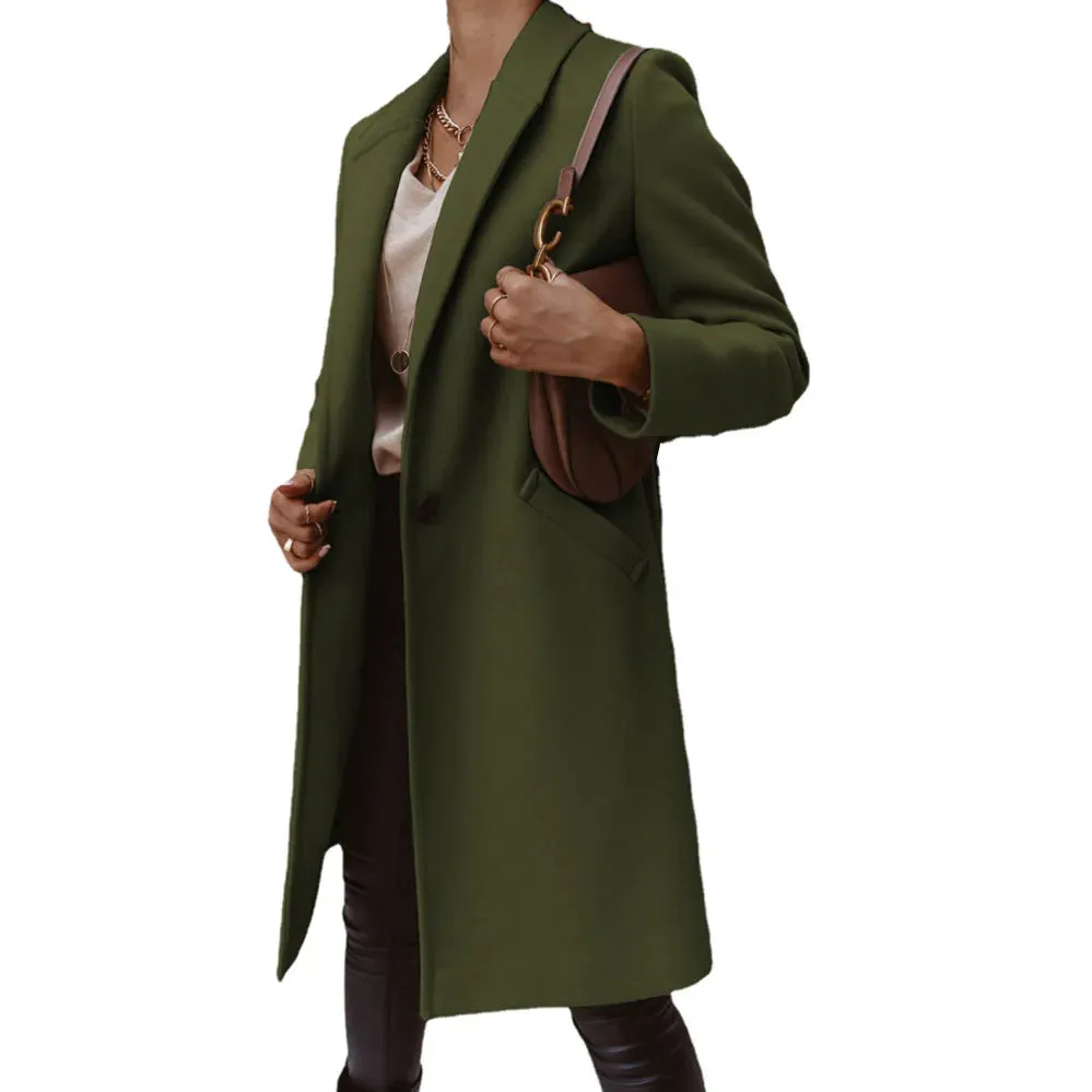 Purpdrank Women's S-3XL Size New Autumn/winter Solid Color Lapel Mid Length Button down Woolen Coat Jacket