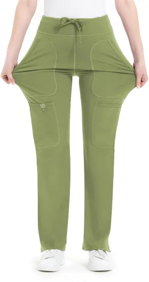 QBK Yoga Scrub Pants Women Mid Rise Yoga Work Pants- Five Pocket Cargo Scrub Pant