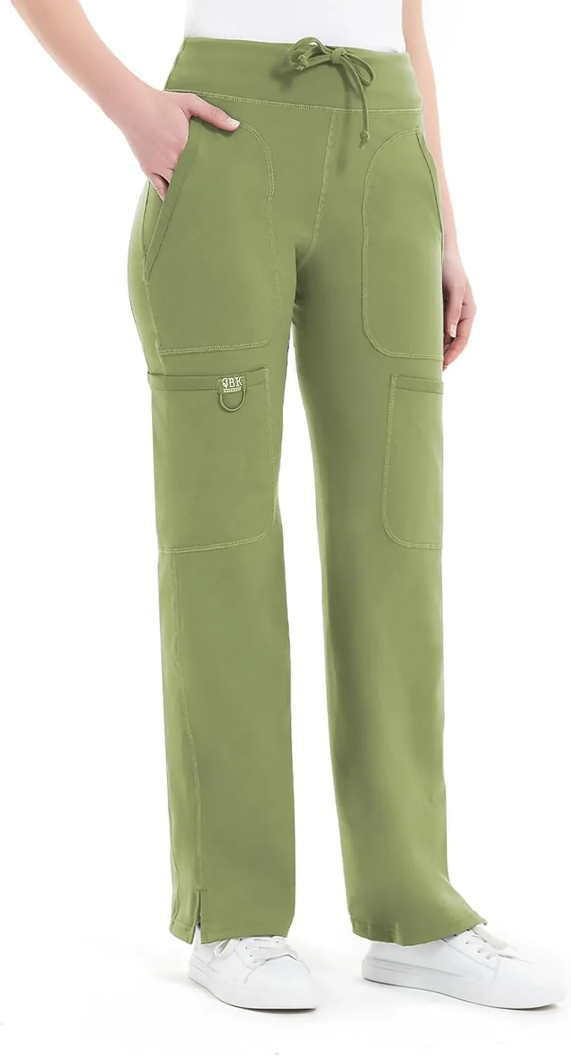 QBK Yoga Scrub Pants Women Mid Rise Yoga Work Pants- Five Pocket Cargo Scrub Pant