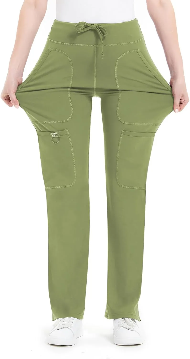 QBK Yoga Scrub Pants Women Mid Rise Yoga Work Pants- Five Pocket Cargo Scrub Pant