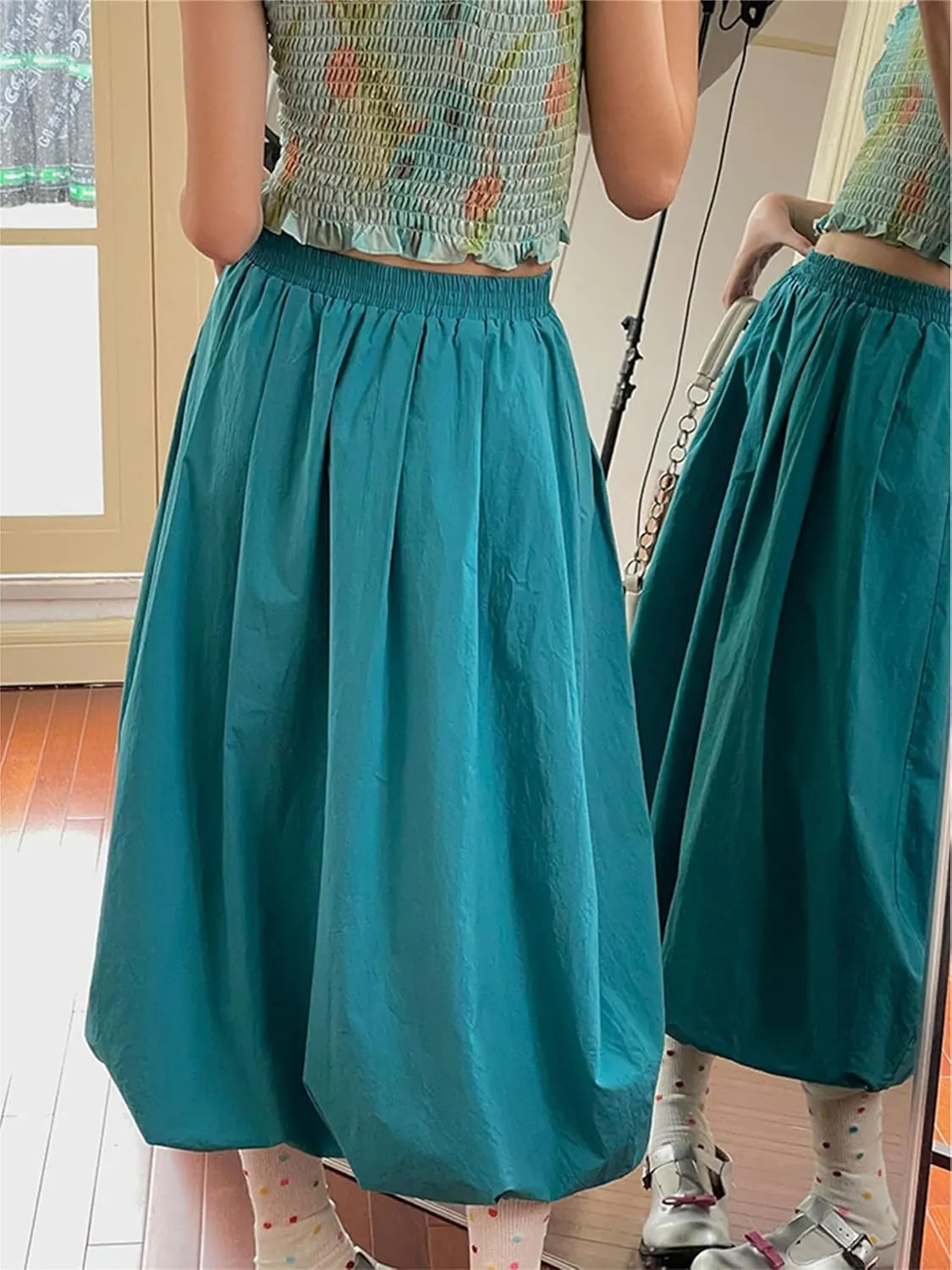 Raruxxin Women Y2k Bubble Maxi Skirt Elastic Low Waist Pleated Balloon Long Skirt Summer Ruffle Puffy Flowy Swing Midi Dress