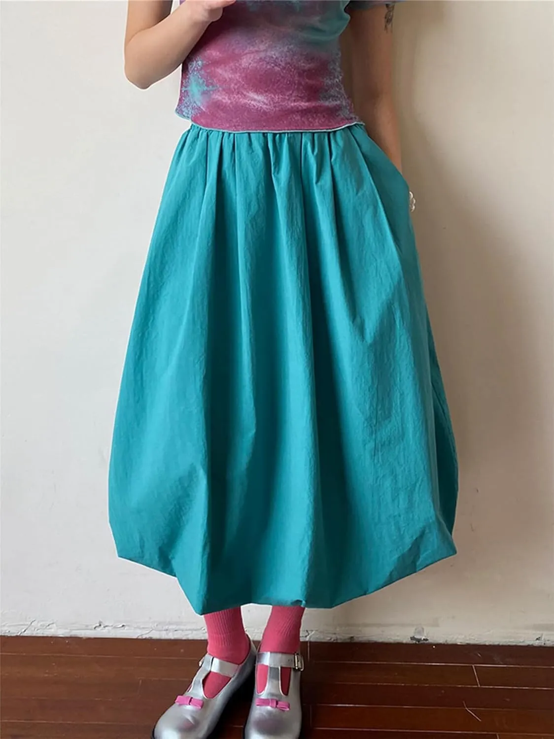 Raruxxin Women Y2k Bubble Maxi Skirt Elastic Low Waist Pleated Balloon Long Skirt Summer Ruffle Puffy Flowy Swing Midi Dress