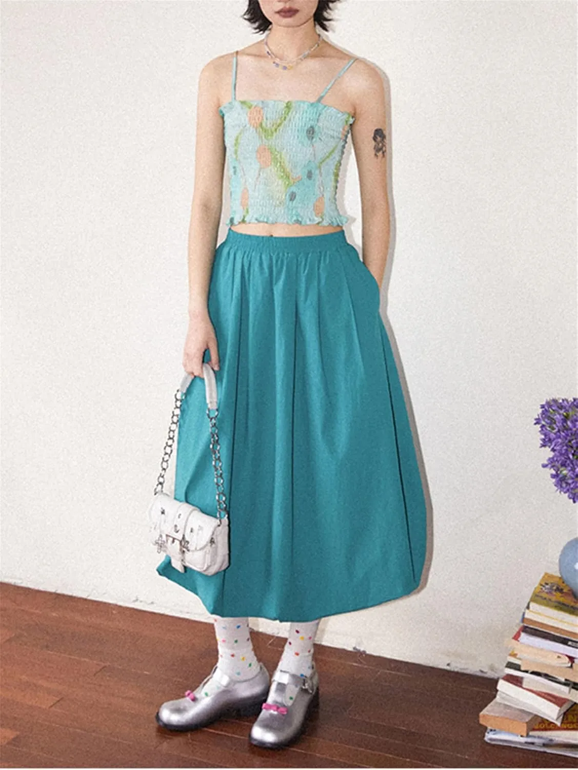 Raruxxin Women Y2k Bubble Maxi Skirt Elastic Low Waist Pleated Balloon Long Skirt Summer Ruffle Puffy Flowy Swing Midi Dress