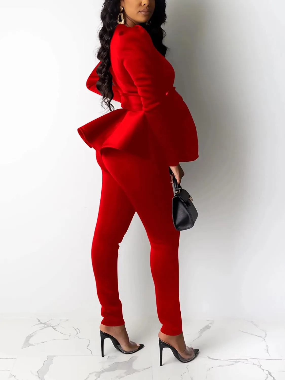 Remelon 2 Piece Outfits for Women Blazer with Pants Deep V Long Sleeve Slim Fit Ruffle Pelplum Business Suit