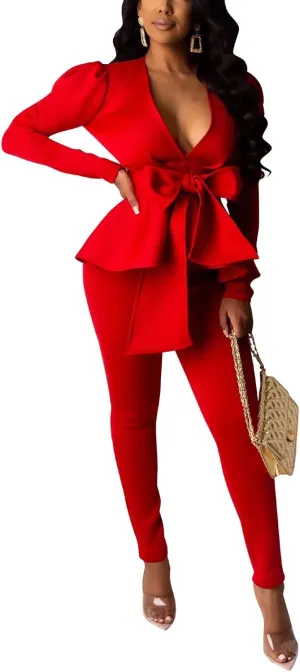 Remelon 2 Piece Outfits for Women Blazer with Pants Deep V Long Sleeve Slim Fit Ruffle Pelplum Business Suit