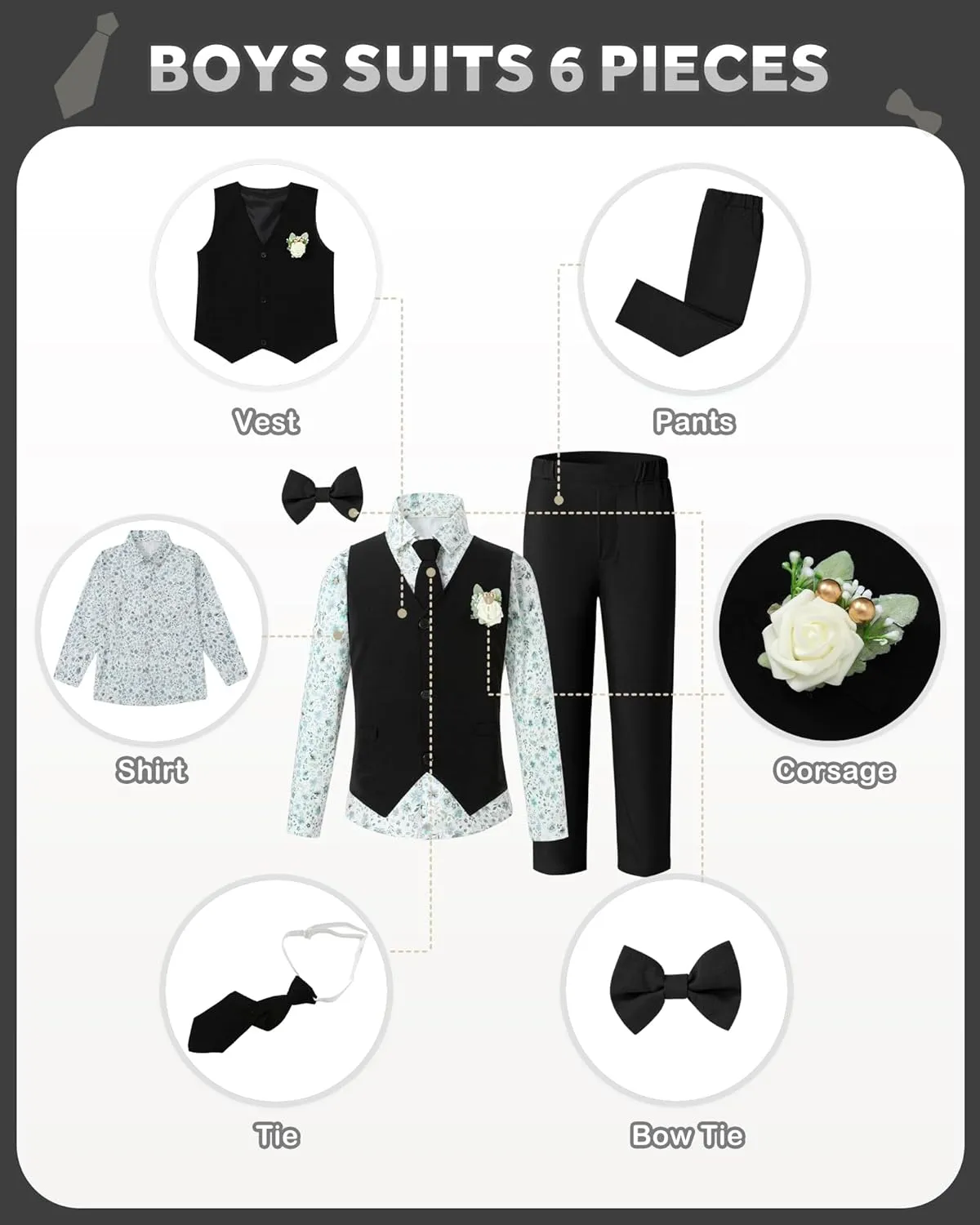 SANMIO Toddler Boy Suits Dress Clothes Formal Slim Fit Suit Set 6 Piece Gentleman Wedding Outfit Dresswear Vest Set 2-8 Years