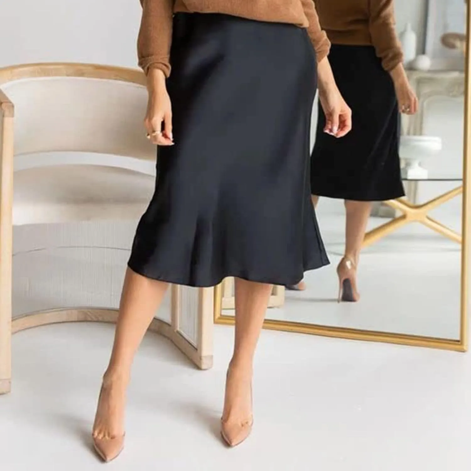 Satin Skirts for Women Midi Length Silk Skirt Elegant High Waisted Midi Skirt Flowy A-Line Flared Cocktail Party Long Skirts