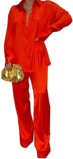 Satin Two Piece Outfits for Women Long Sleeve Lapel Button Down Tops Wide Leg Pants Pajama Set
