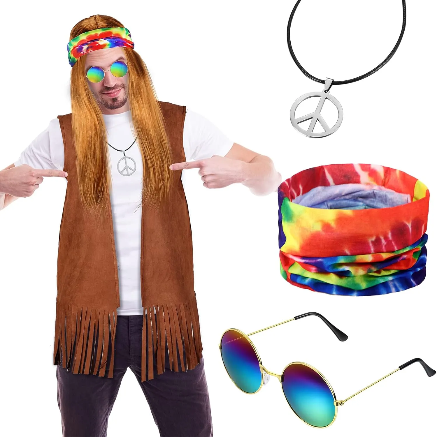 SATINIOR 60s 70s Men's Hippie Costume Fringe Suede Fabric Male Vest for Halloween Carnival Mardi Gras Cosplay Party