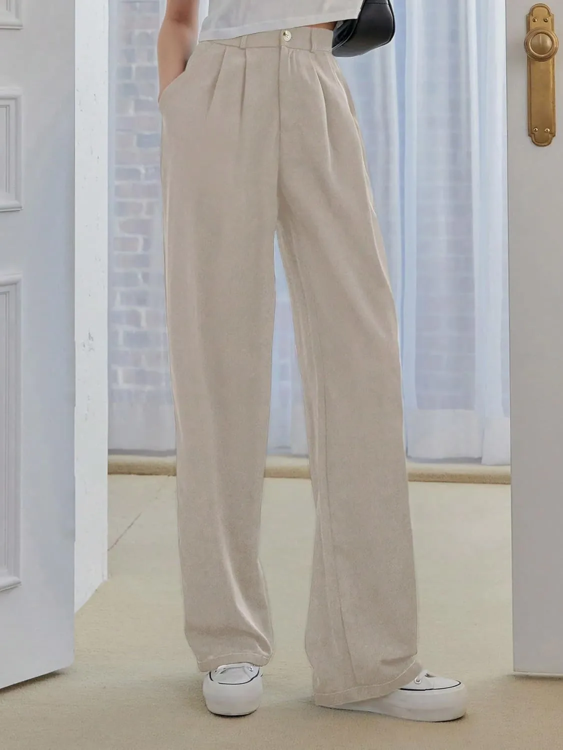 SECOLI Women's Straight Wide Leg Trousers Pants Apricot Casual High Waist Straight Leg Pants