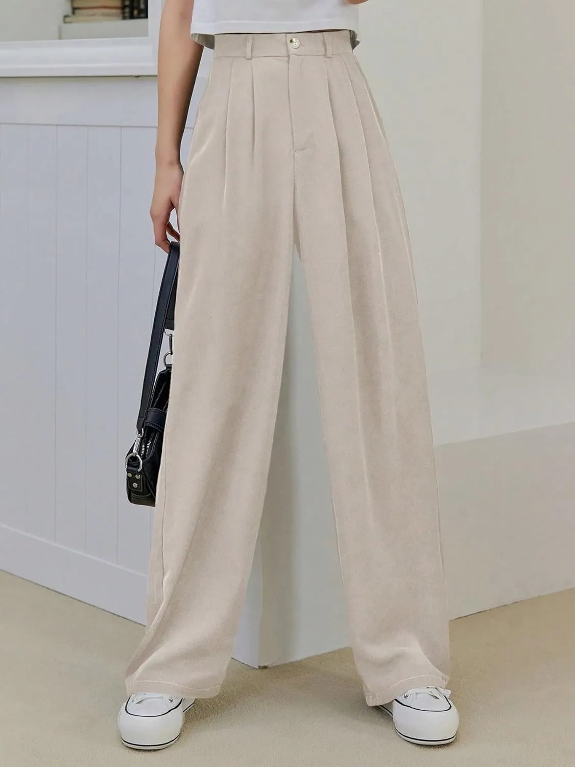SECOLI Women's Straight Wide Leg Trousers Pants Apricot Casual High Waist Straight Leg Pants