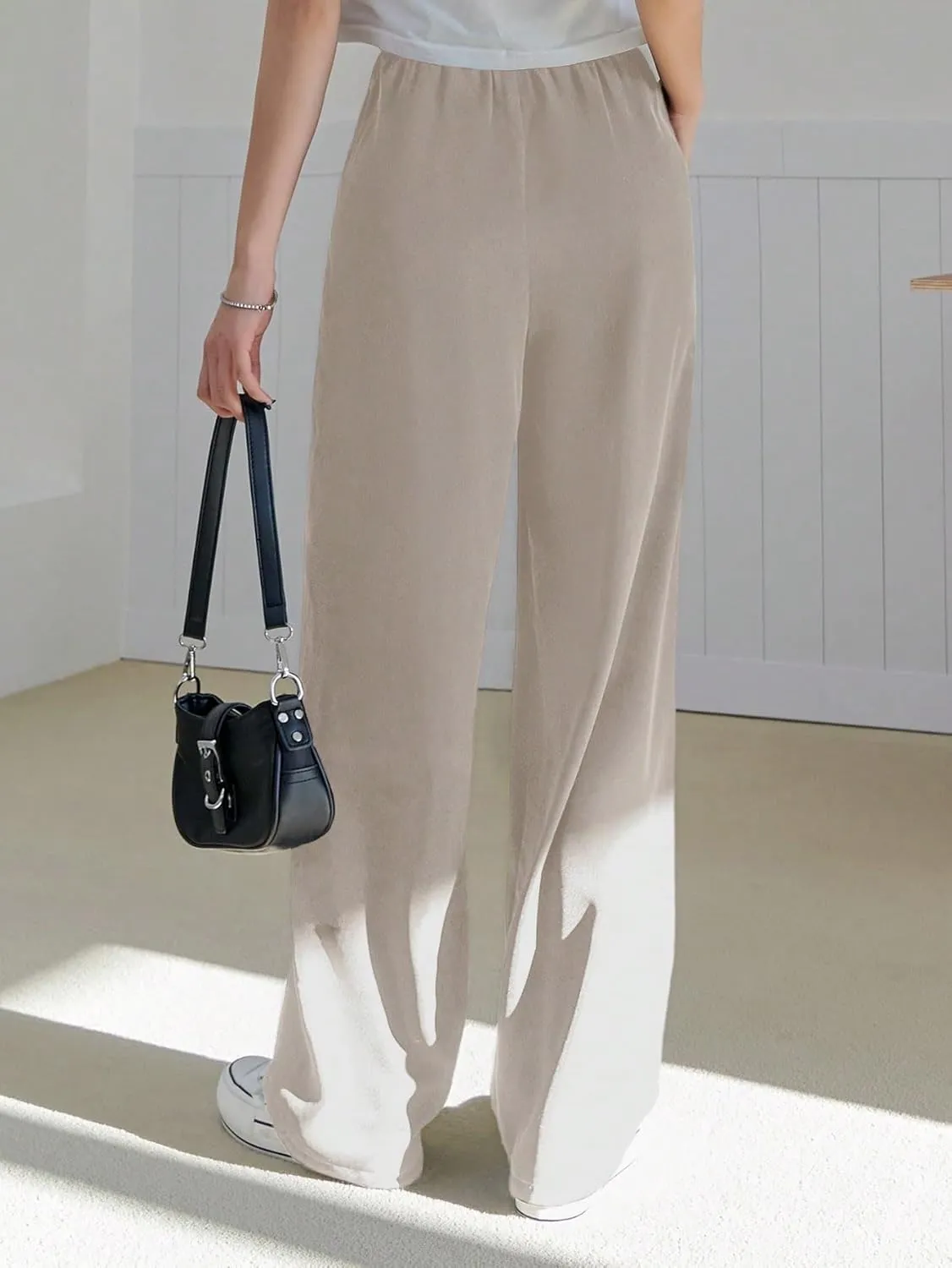 SECOLI Women's Straight Wide Leg Trousers Pants Apricot Casual High Waist Straight Leg Pants