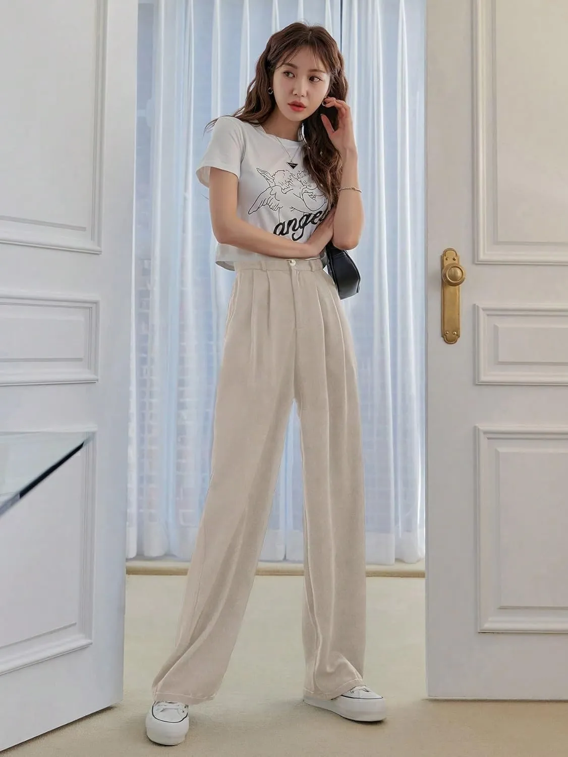SECOLI Women's Straight Wide Leg Trousers Pants Apricot Casual High Waist Straight Leg Pants