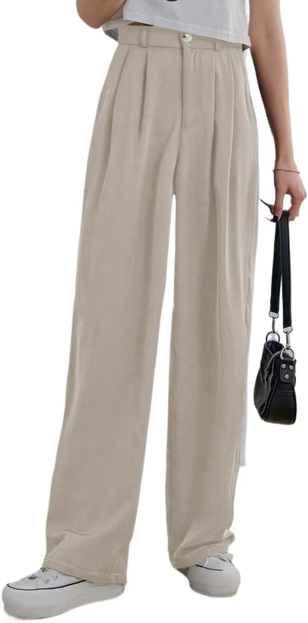SECOLI Women's Straight Wide Leg Trousers Pants Apricot Casual High Waist Straight Leg Pants
