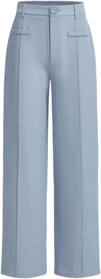 SECOLI Women's Straight Wide Leg Trousers Pants Baby Blue Casual High Waist Straight Leg Pants