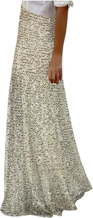 Sexy Layered Sequin Skirt for Women High Waist Disco Long Maxi Skirt Sparkle Glitter Night Flowy Evening Party Skirt